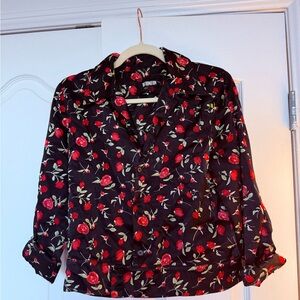 Reformation Black Blouse with Red Floral Design
